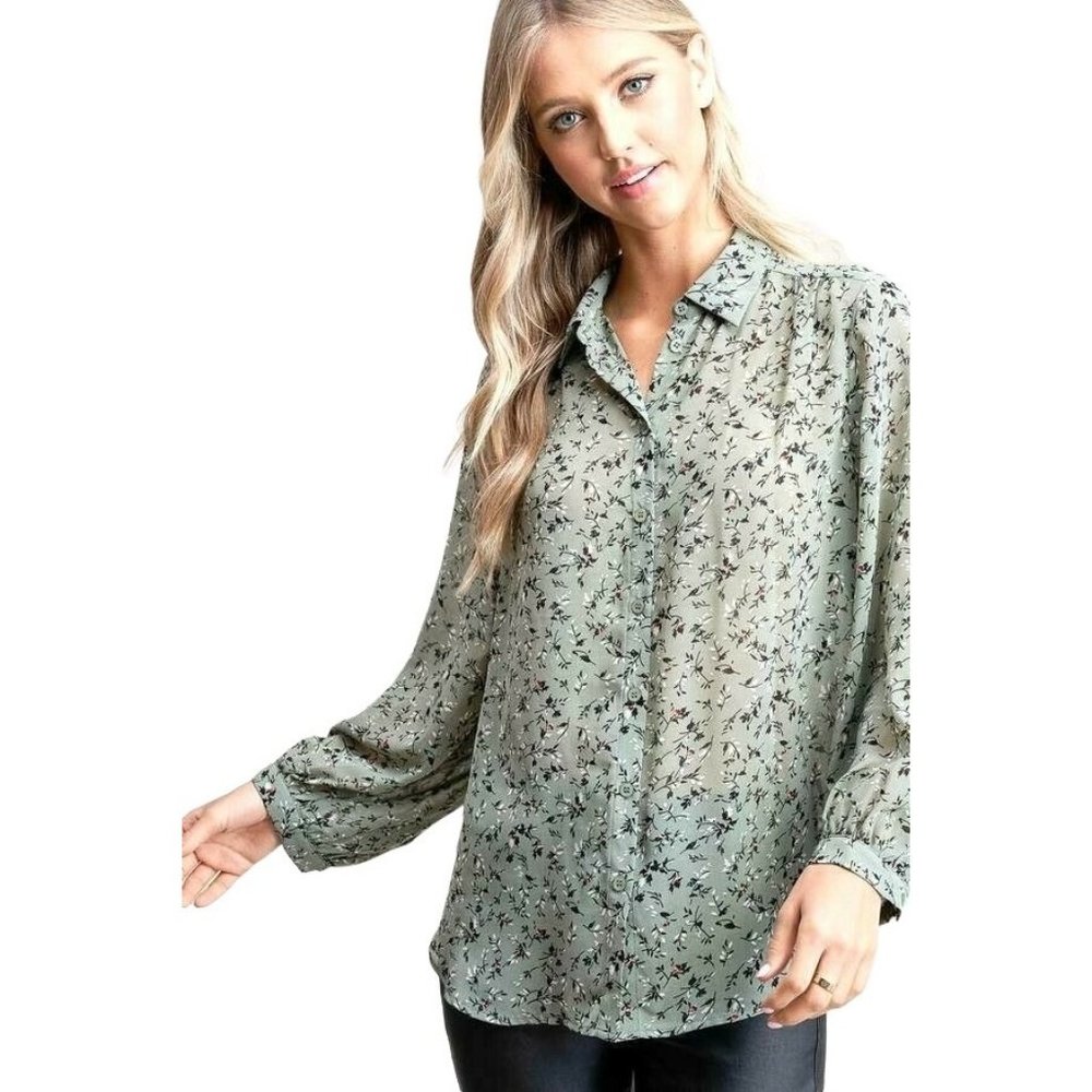 Sage Green Sheer Floral Blouse S Button Down Long Sleeve